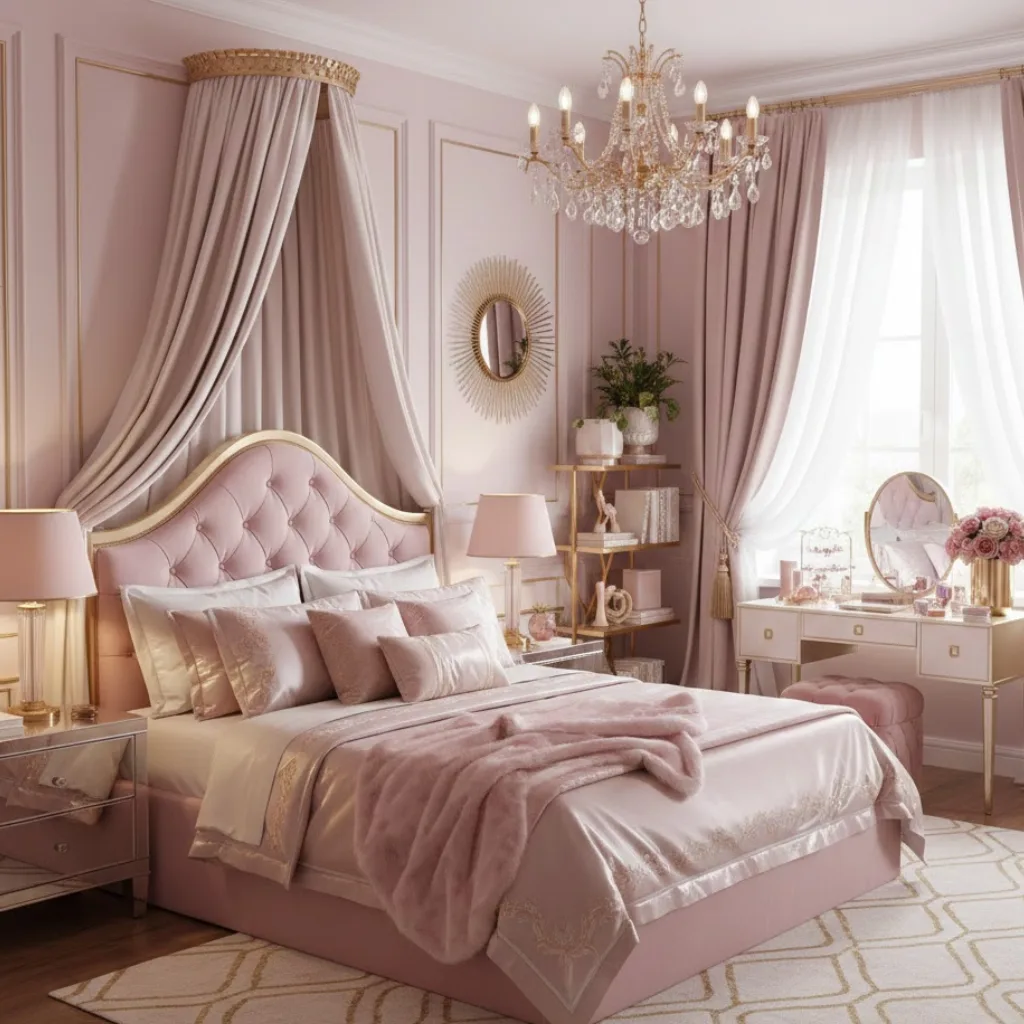 Elegant girls bedroom with blush tones and luxury designer color palette