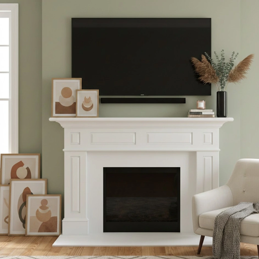 _Elegant mantel decorating ideas with TV above featuring balanced decor of candles, vases, and plants in a modern living room._