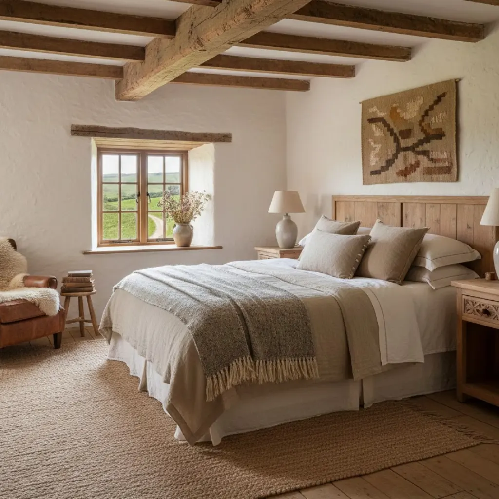 Exposed wooden beams in an earthy cottage bedroom