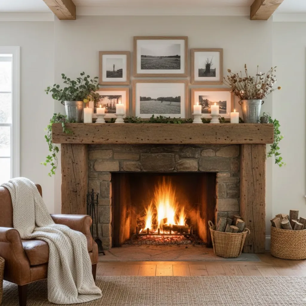 Farmhouse mantel decorating ideas featuring wooden accents, greenery, and candles for a warm rustic vibe.