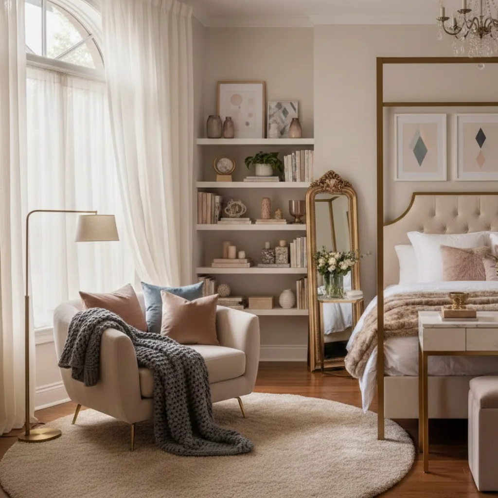 Girls bedroom with a cozy luxury reading nook and elegant design