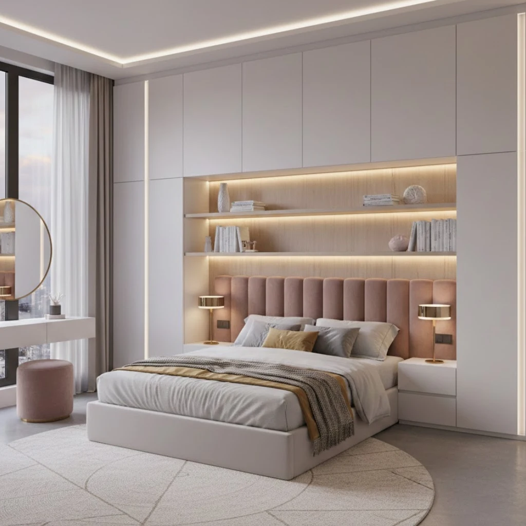 Girls bedroom with custom built-in storage and modern luxury design