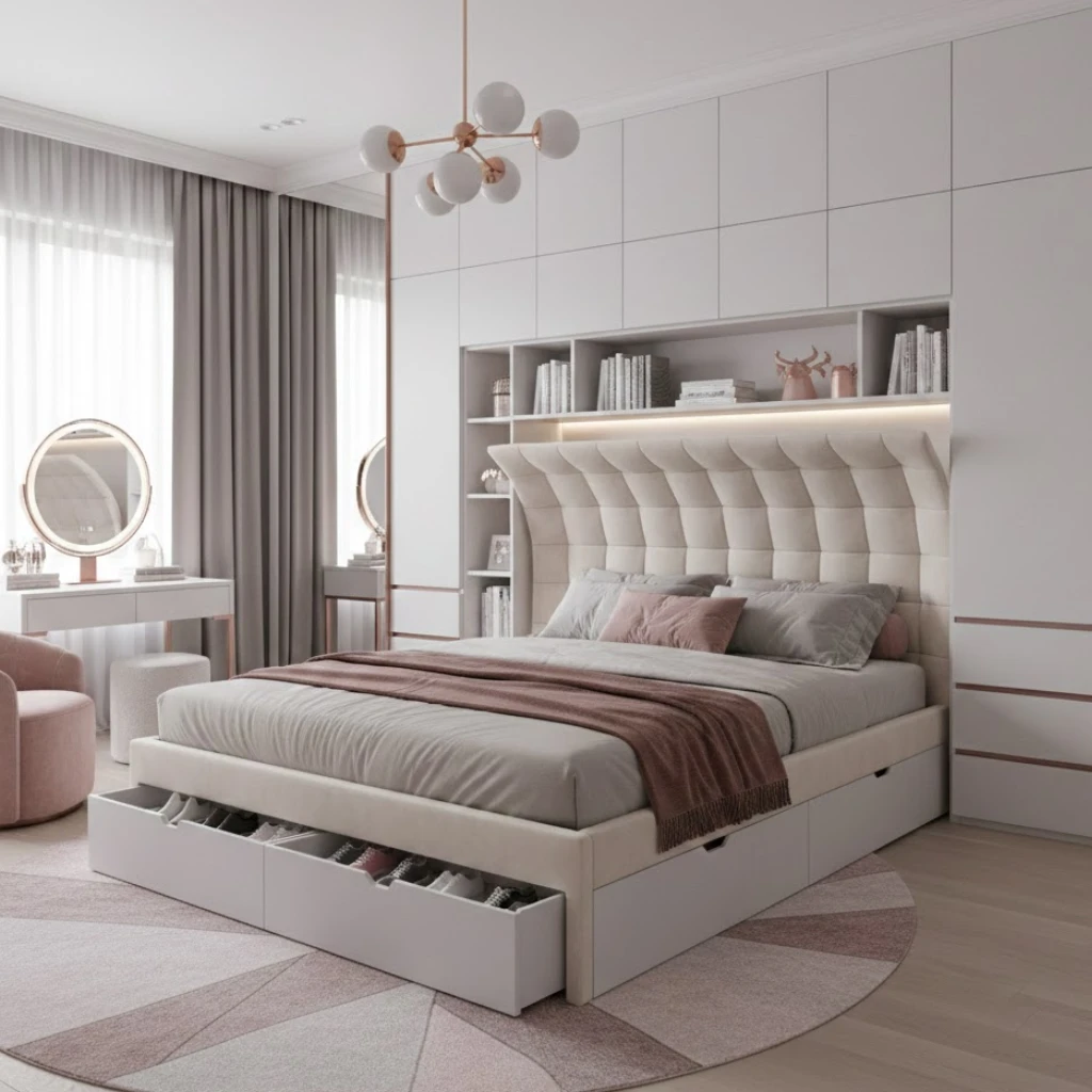 Girls bedroom with hidden storage and clean luxury design