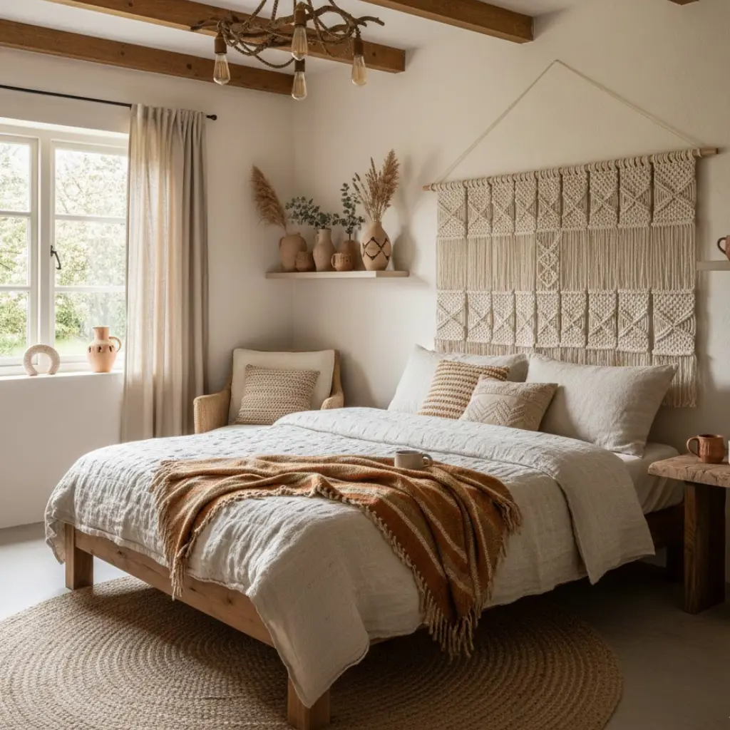 Handmade decor elements in an earthy cottage bedroom