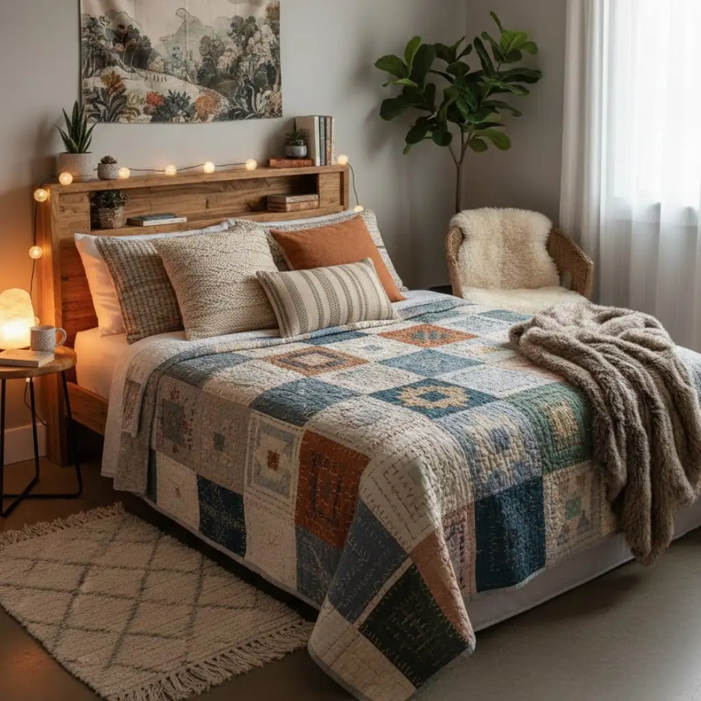 Handmade textiles adding warmth to a cozy bedroom