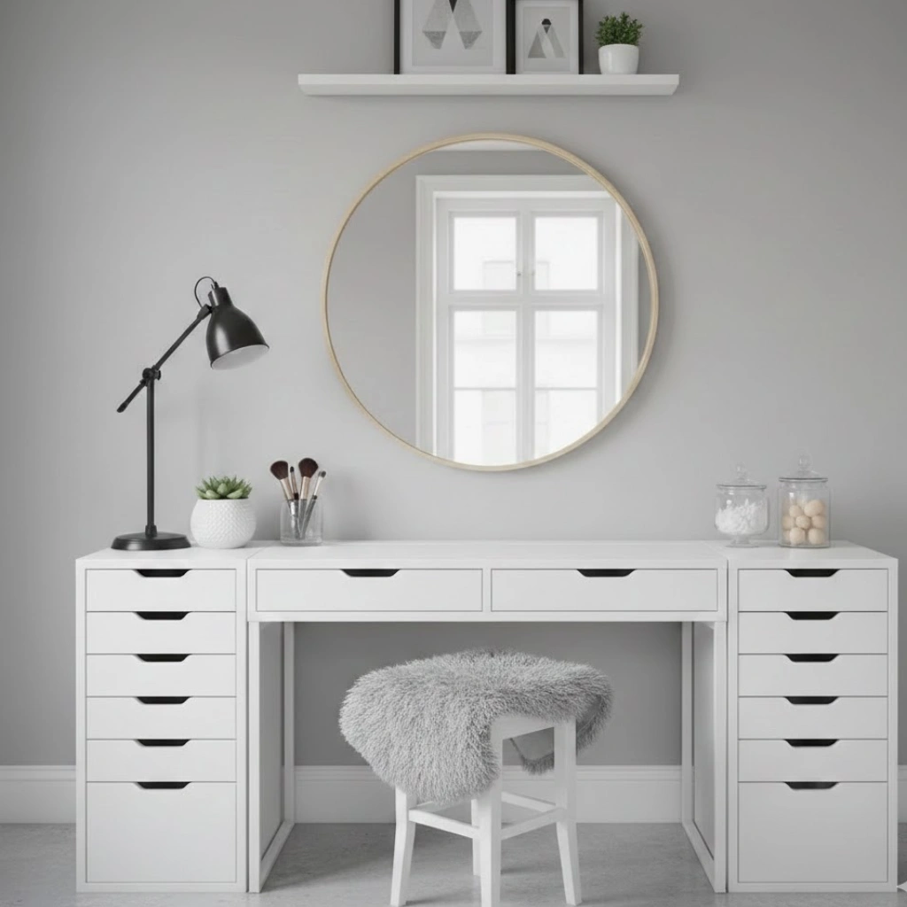 IKEA bedroom vanity with MALM desk, ALEX drawers, and minimalist decor for functional, stylish organization