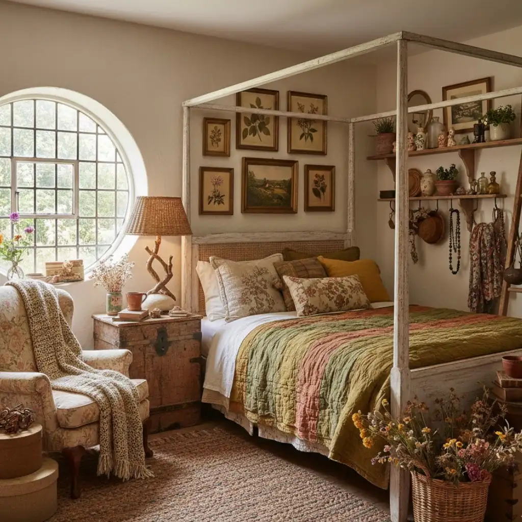 Imperfect and personal earthy cottage bedroom design