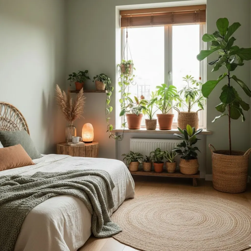 Indoor plants adding warmth to a small bedroom