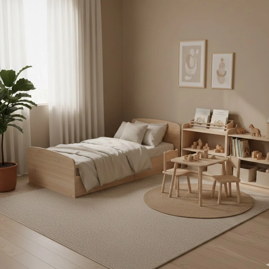 Inspiring Montessori bedroom ideas featuring a low bed, neutral colors, open shelves, and a calm minimalist design.
