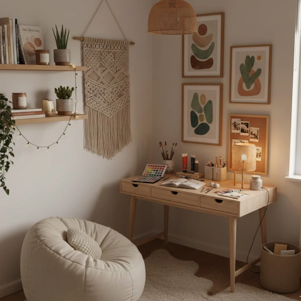 Inspiring art corner ideas for a bedroom with a creative workspace and wall art.