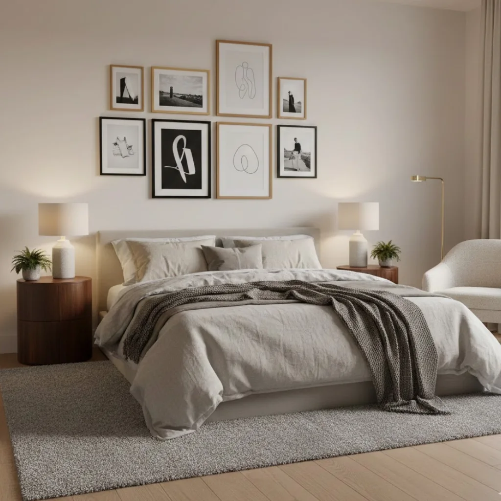 Inspiring bedroom wall decor ideas with a stylish gallery wall and personal artwork.