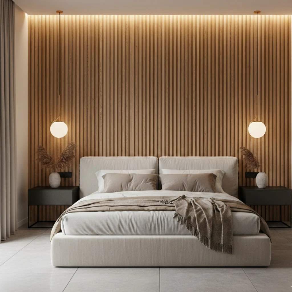 Inspiring slat wall bedroom ideas with a modern wooden accent wall and soft lighting.