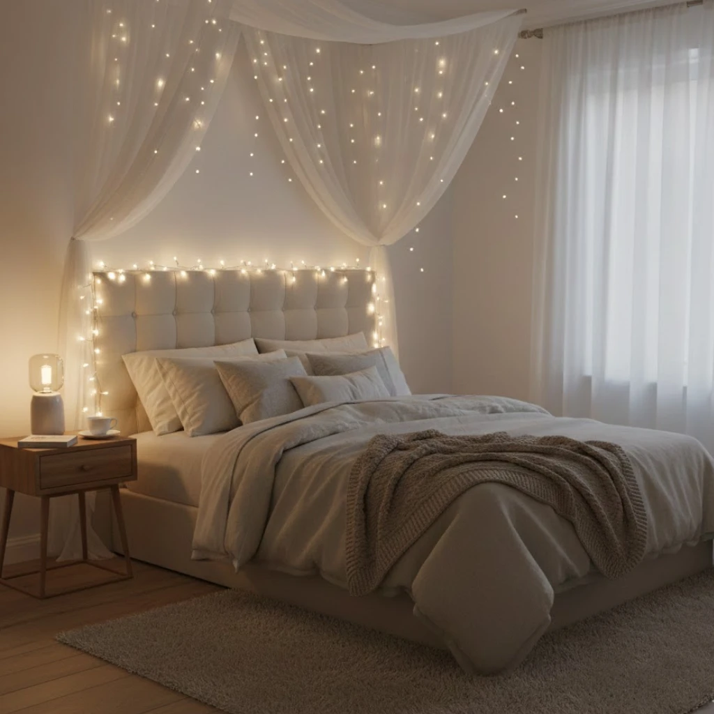 Inspiring twinkle lights bedroom ideas creating a cozy and dreamy nighttime atmosphere.