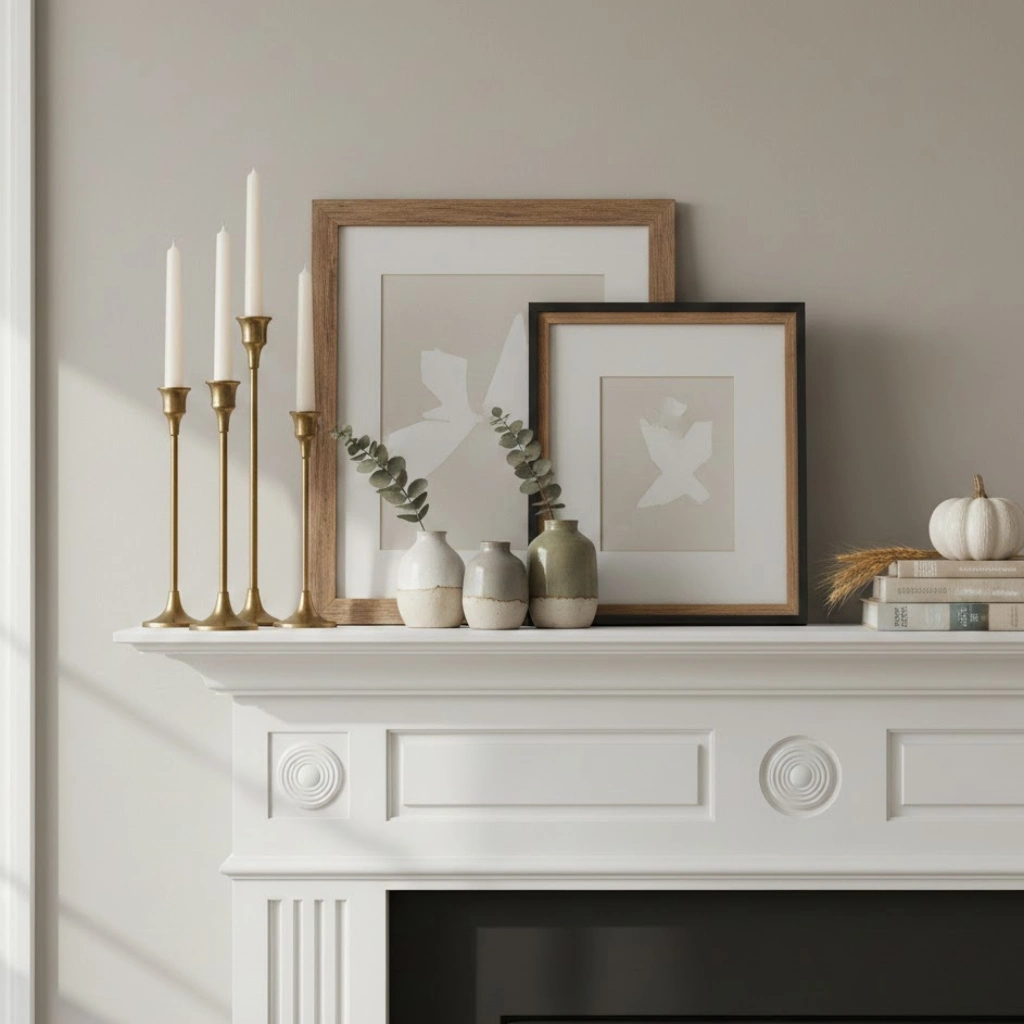 Layered mantel decorating ideas with candles, frames, vases, and books for depth and visual interest.