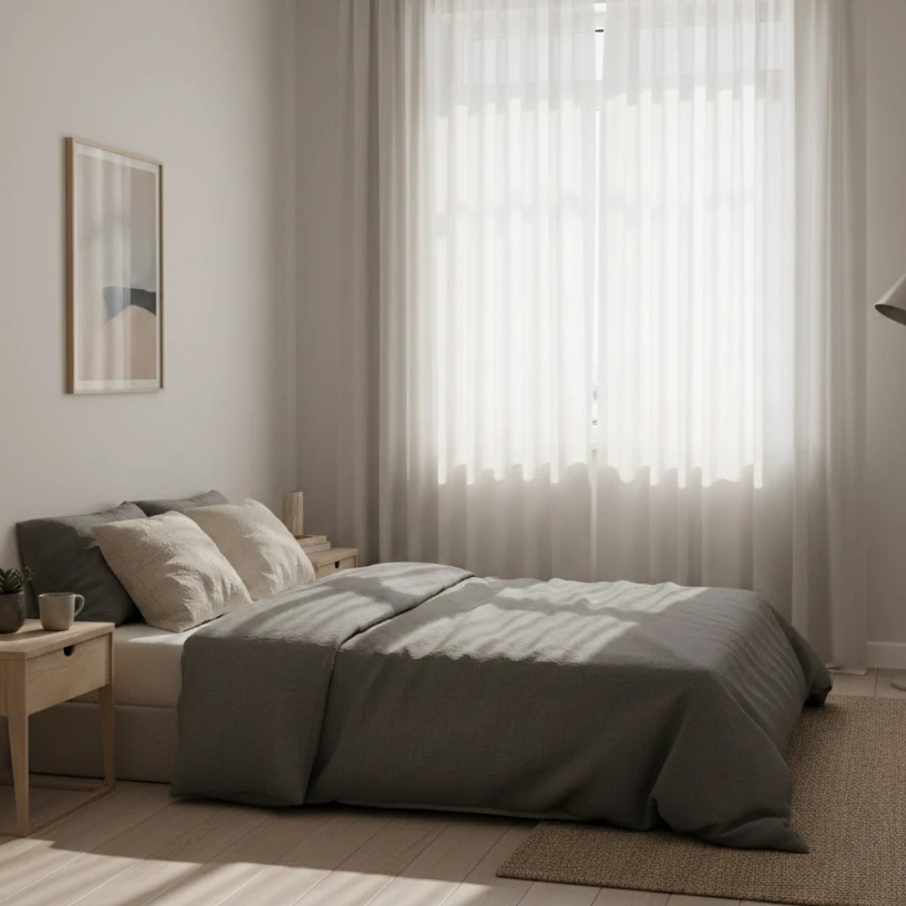 Light curtains creating an airy cozy bedroom