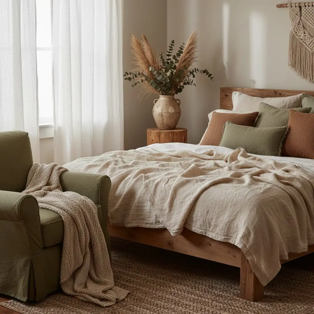 Linen and cotton fabrics used in an earthy cottage bedroom