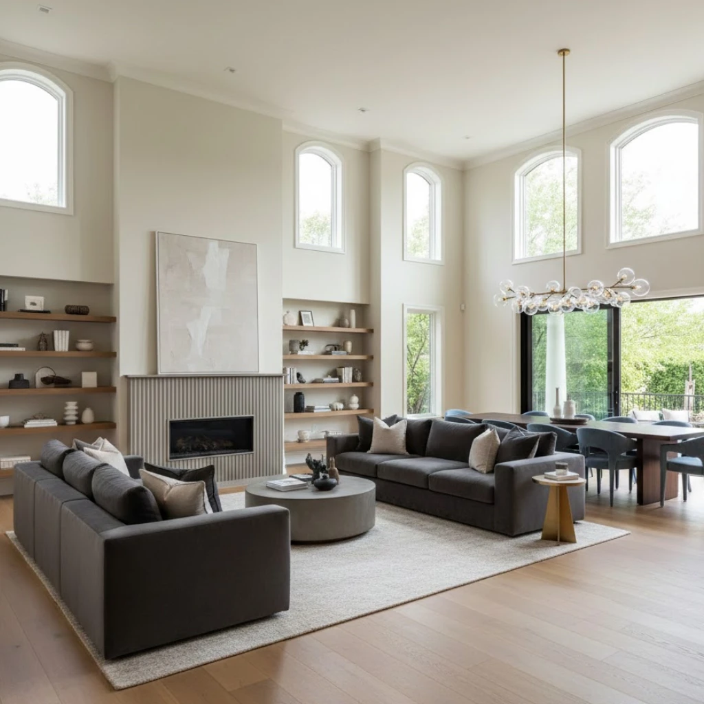 Living room and dining room combo big space with spacious layout and balanced furniture placement.