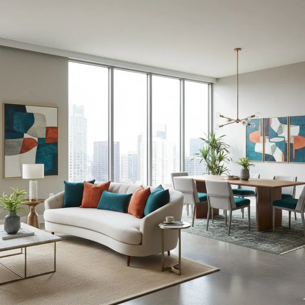 Living room and dining room combo colors creating a cohesive and balanced open living space.