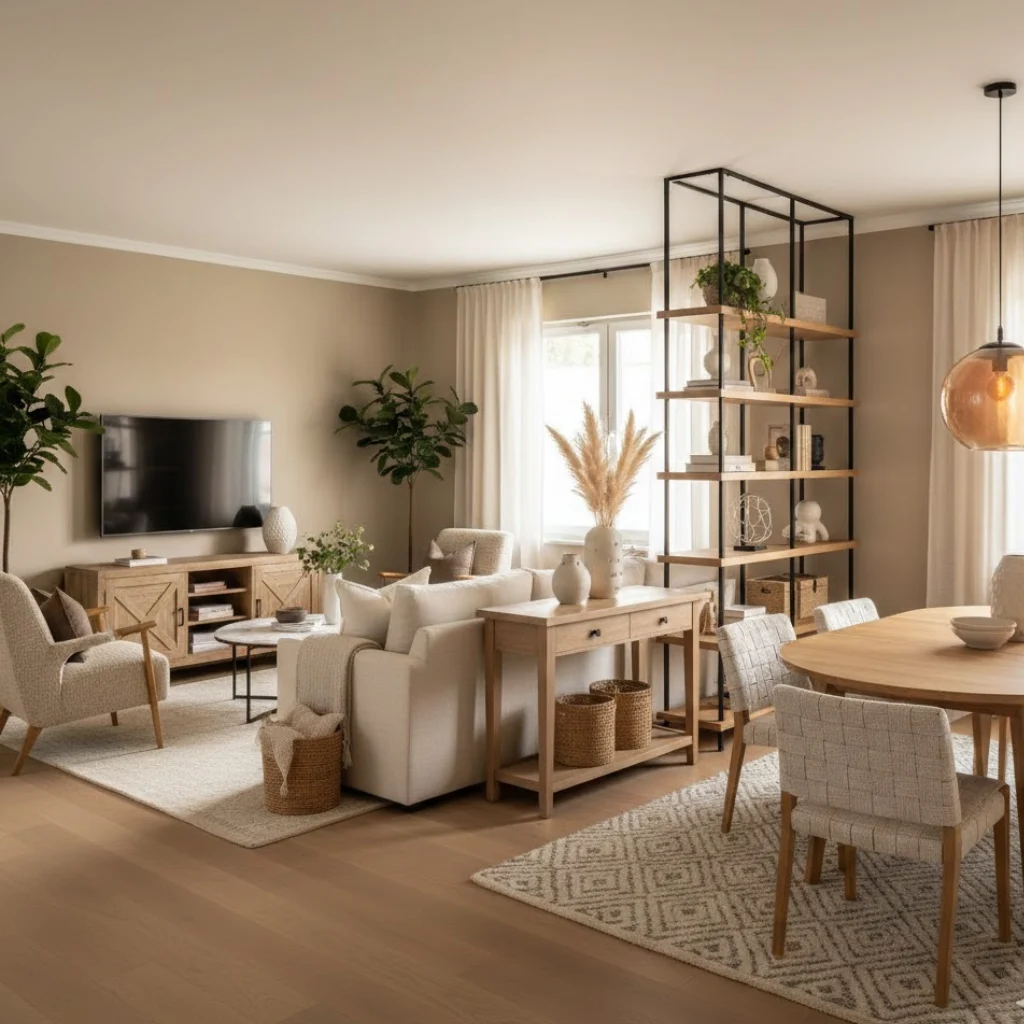 Living room and dining room combo design using furniture as a visual divider between spaces.