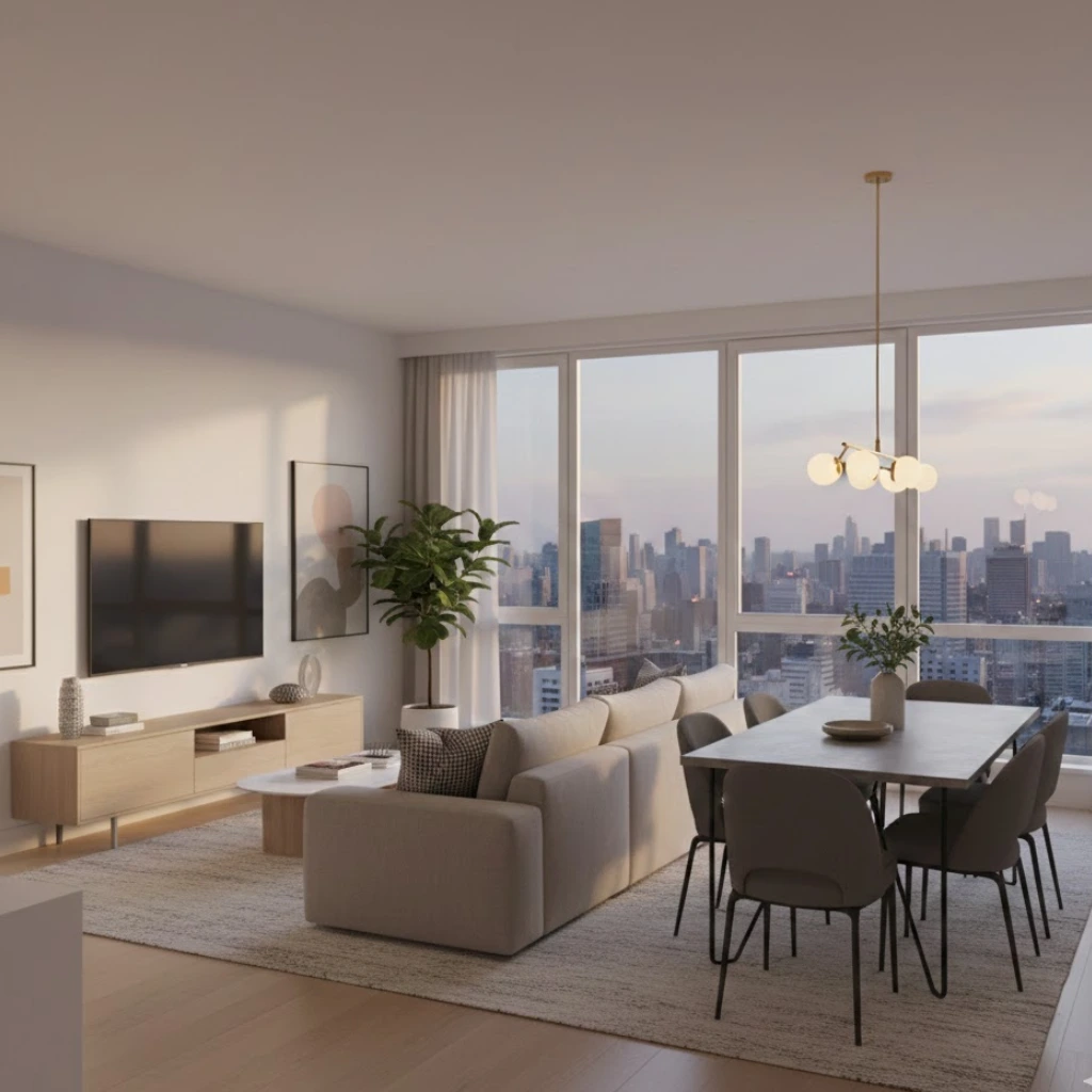 Living room and dining room combo layout with sofa separating seating and dining areas in an open plan space.