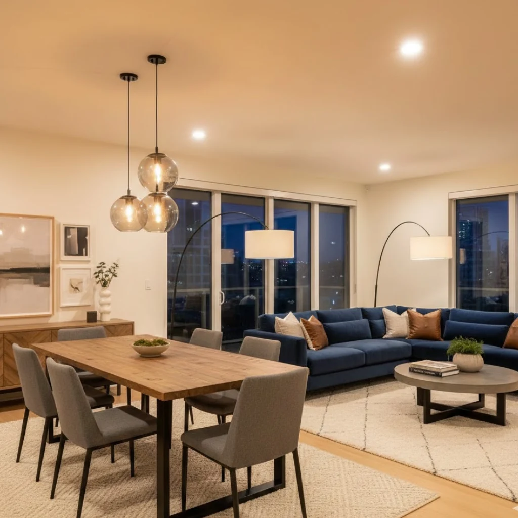 Living room and dining room combo lighting with pendant lights and ambient lamps for zoning.