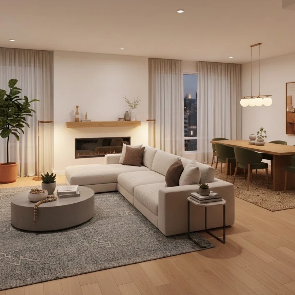 Living room and dining room combo rugs used to define separate zones in an open concept home.