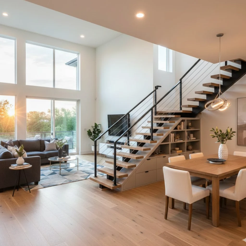 Living room and dining room combo with stairs integrated into an open plan interior.