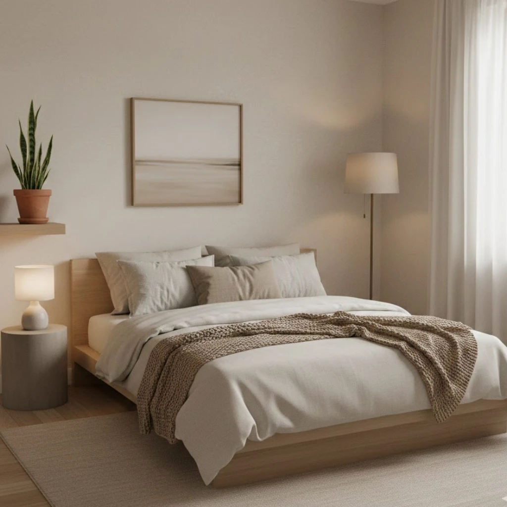Low-profile bed enhancing chic small bedroom aesthetics and visual space.