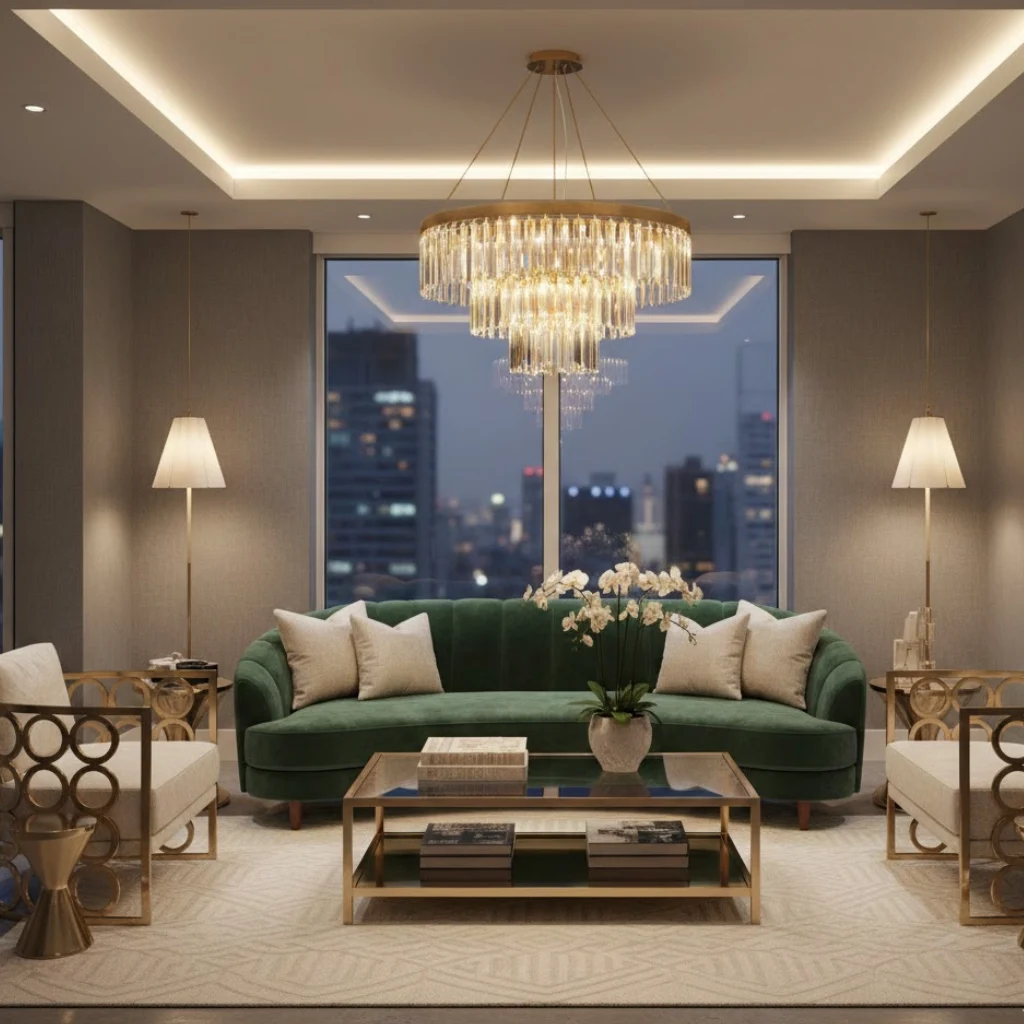Luxurious modern living room with velvet seating, gold accents, and elegant lighting.