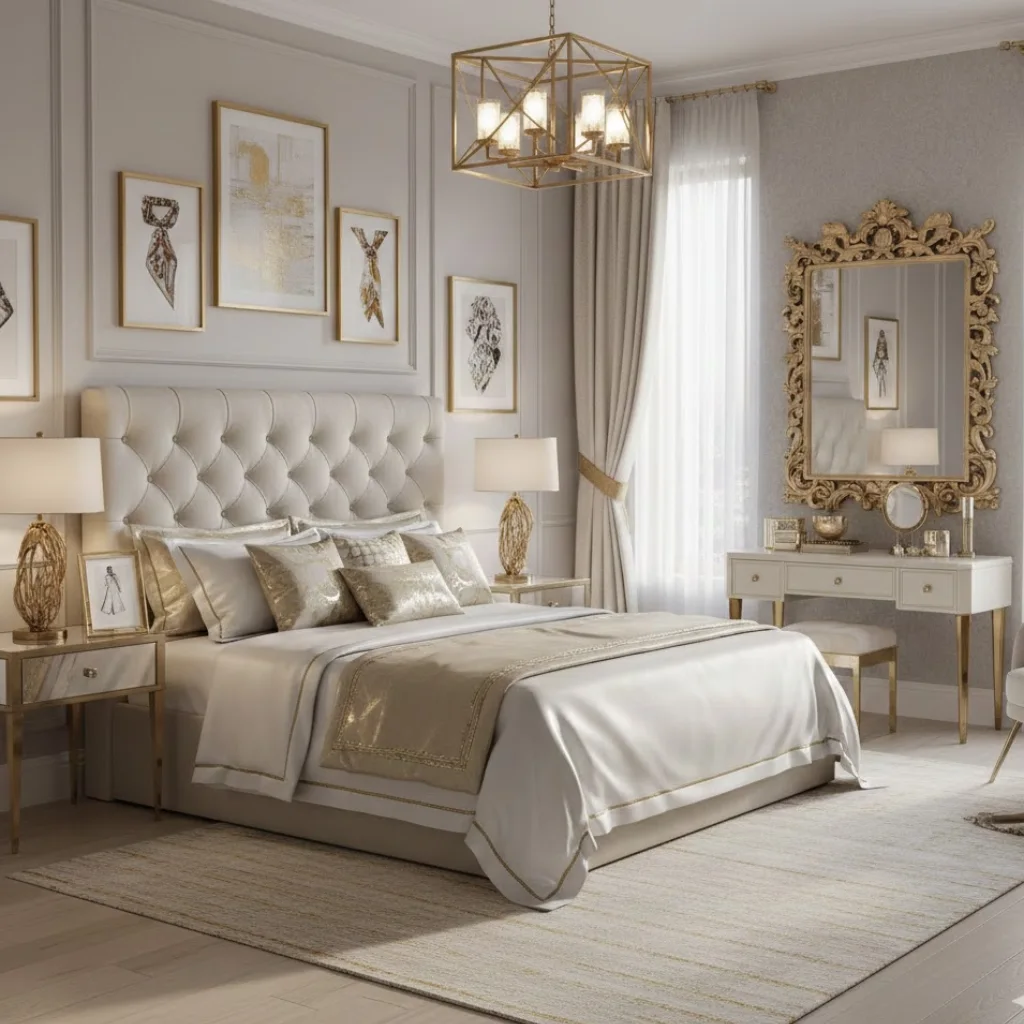 Luxury girls bedroom featuring gold accents and elegant designer decor