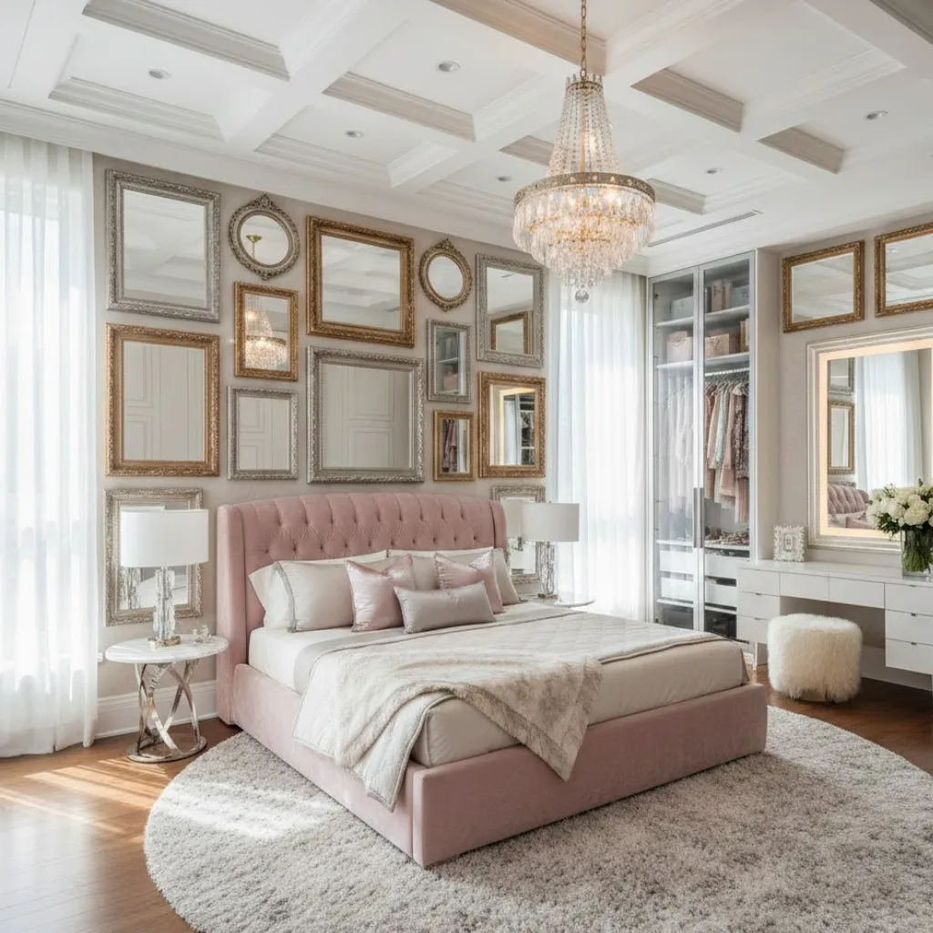 Luxury girls bedroom using mirrors to enhance light and space