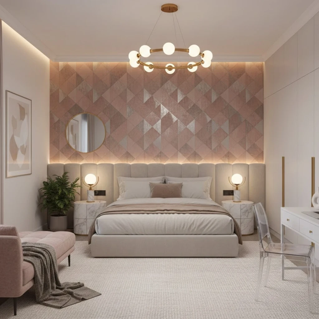 Luxury girls bedroom with a stylish accent wall and elegant decor