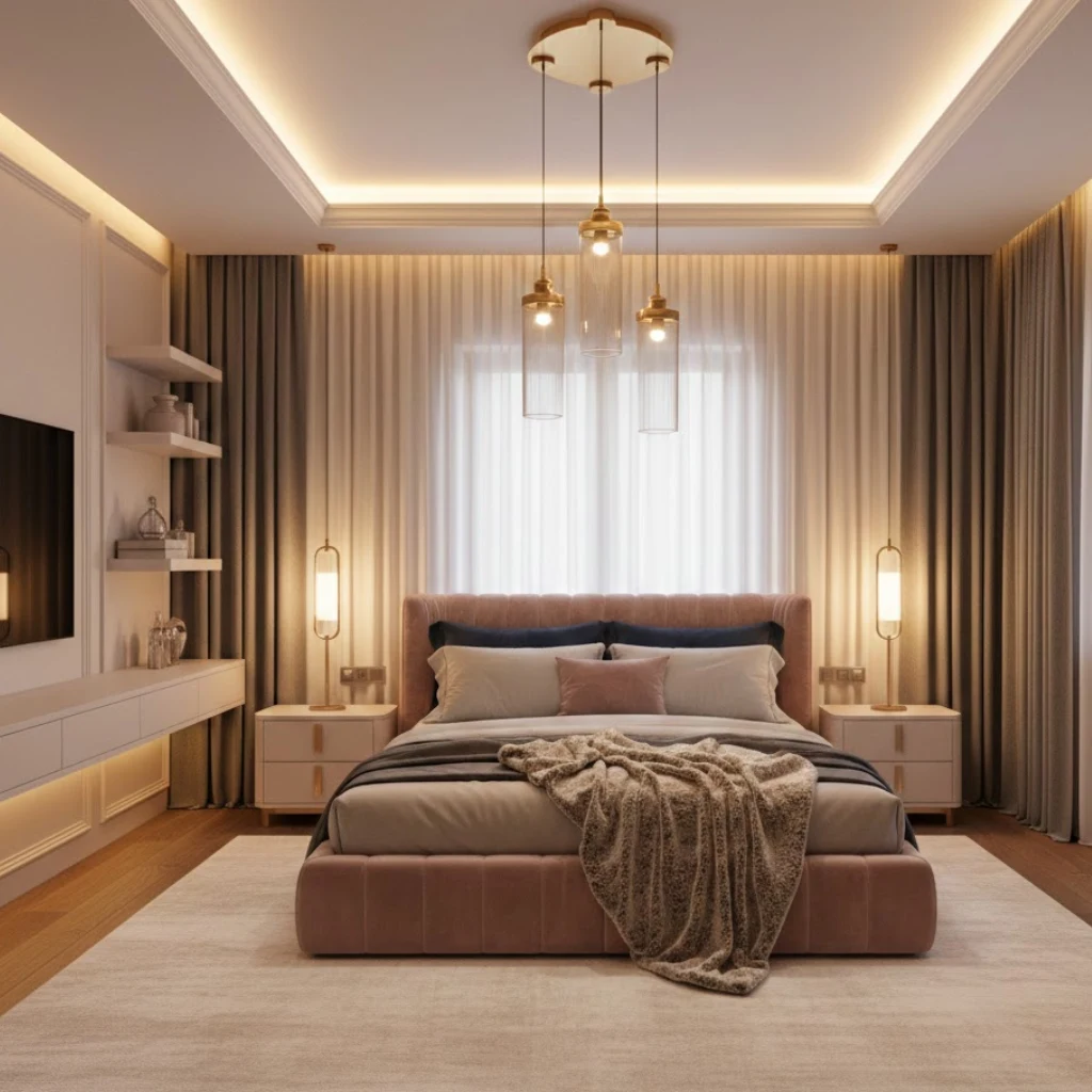 Luxury girls bedroom with layered lighting and warm designer-style ambiance