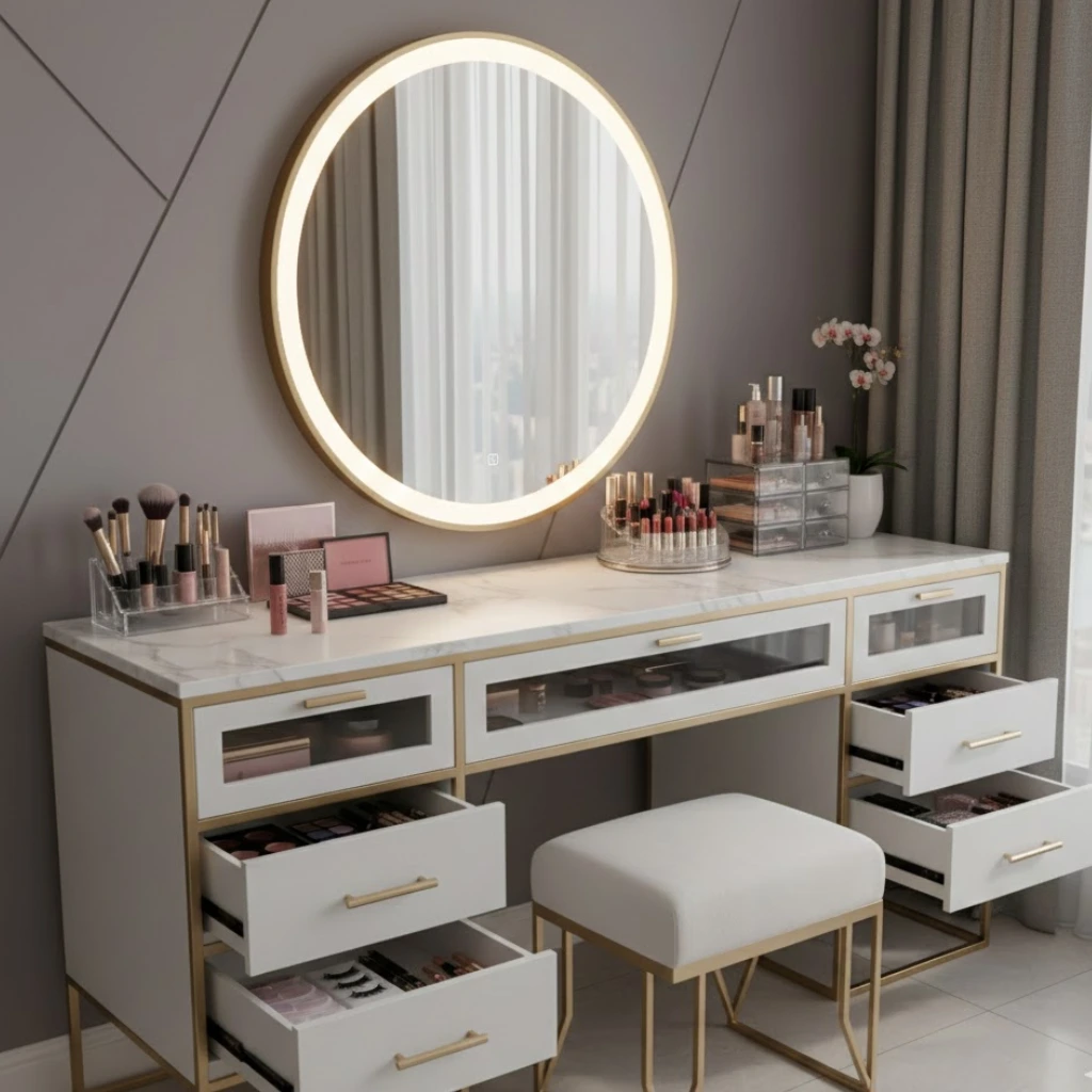 Makeup-focused bedroom vanity with large mirror, bright lighting, and organized makeup collection for beauty enthusiasts. 