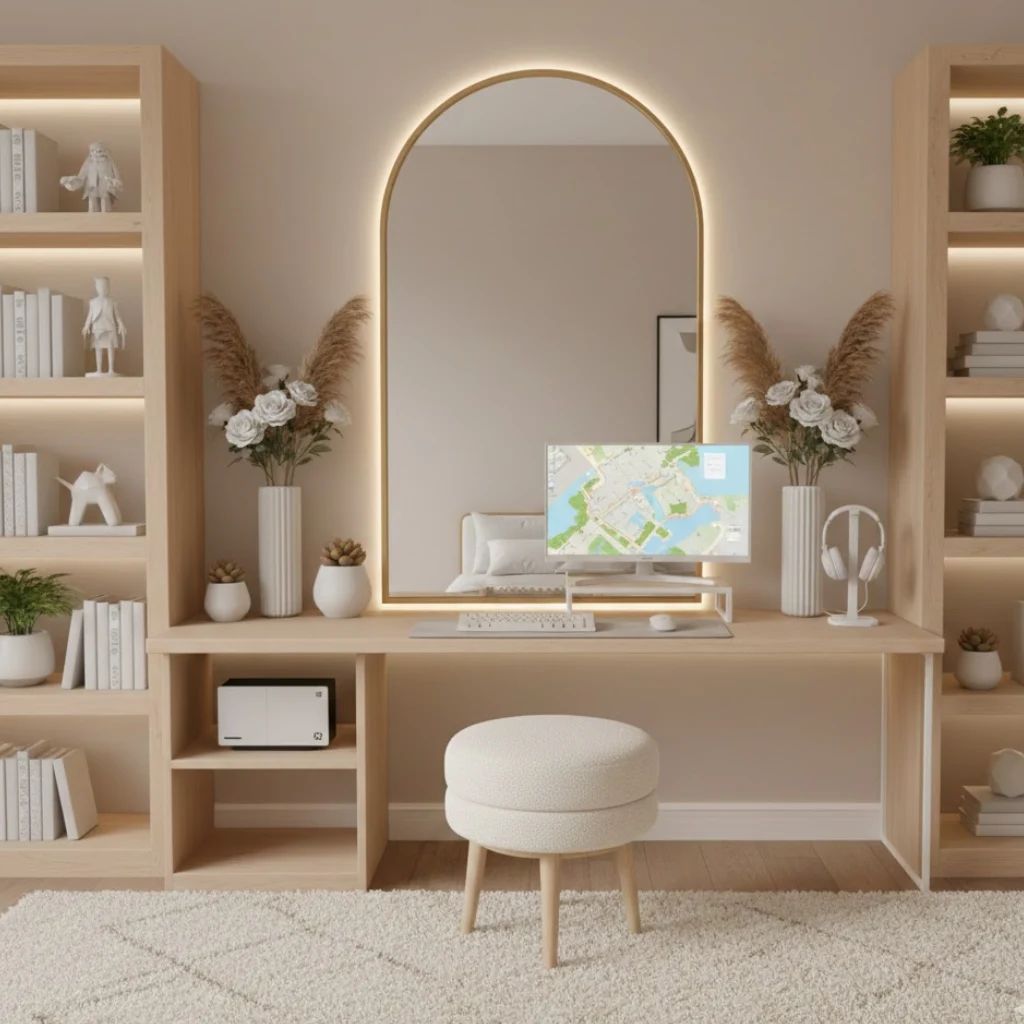 Bloxburg-inspired bedroom vanity with neutral tones, centered mirror, and symmetrical design for a neat gaming aesthetic.”