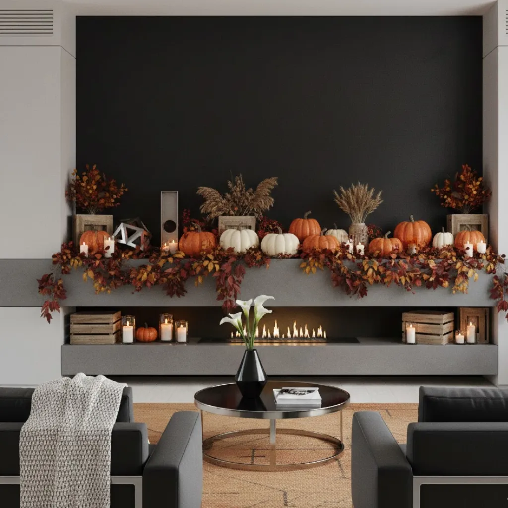 Mantel decorating ideas fall with pumpkins, autumn leaves, and warm candles for a cozy seasonal vibe.