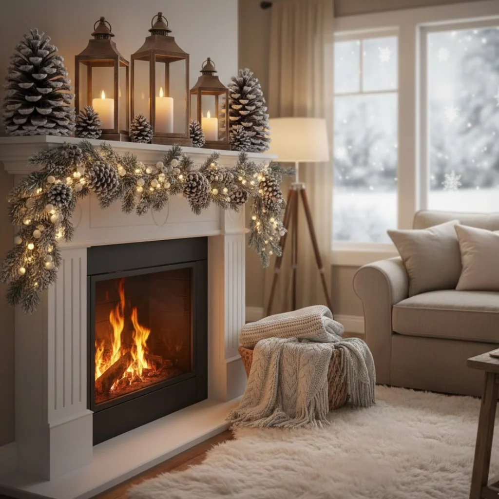 Mantel decorating ideas winter featuring pinecones, lanterns, and cozy elements for a warm seasonal look.