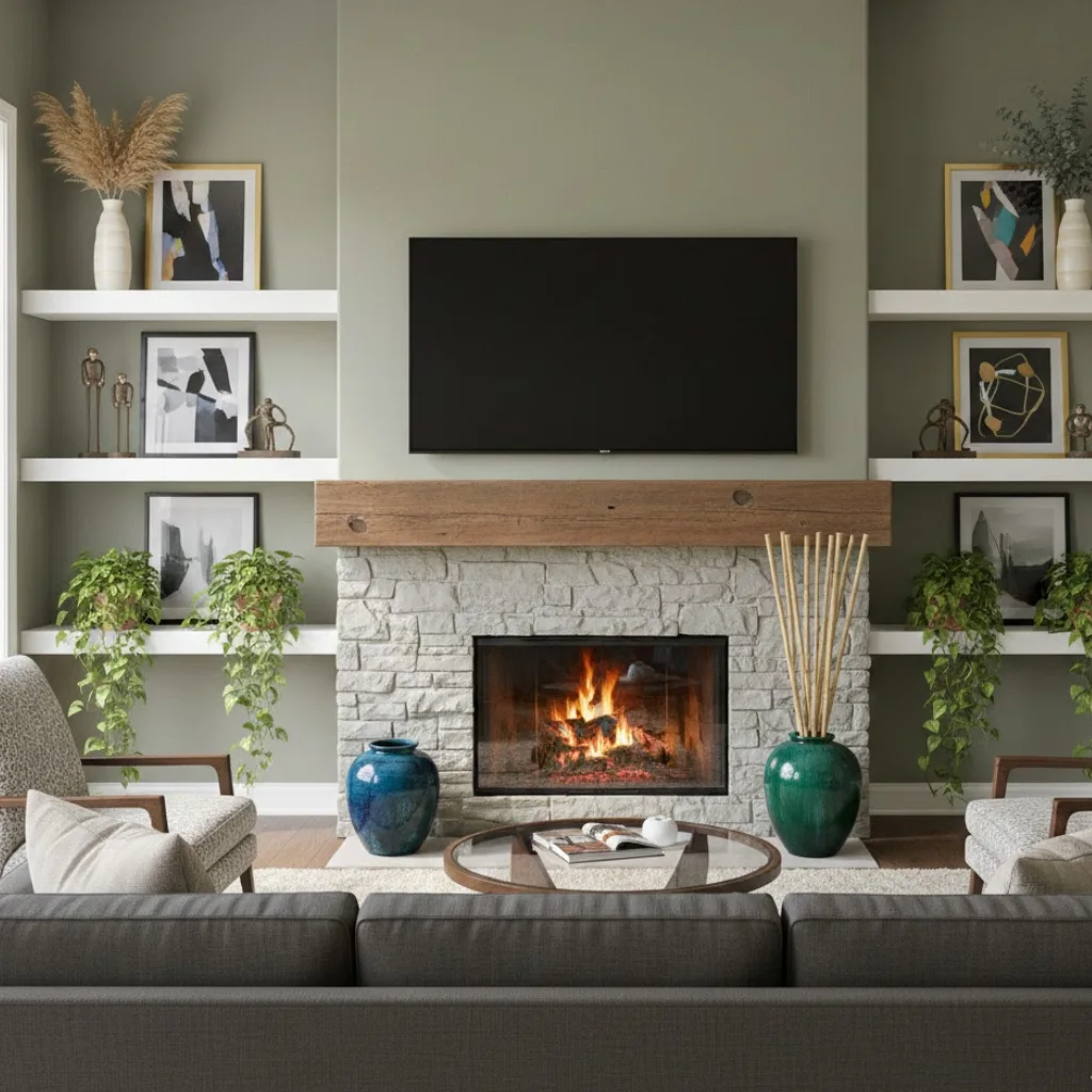 Mantel decorating ideas with TV above featuring balanced decor, art, greenery, and floating shelves.