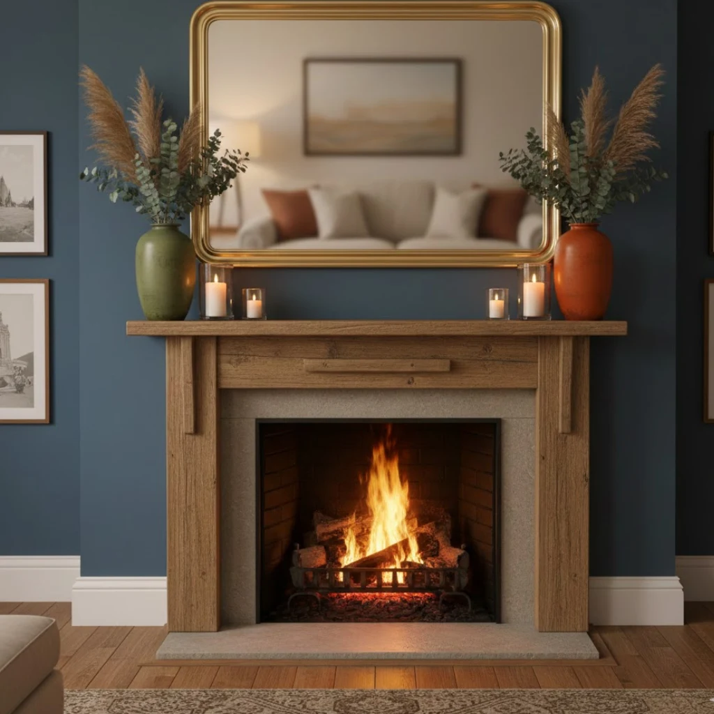 Mantel decorating ideas with mirror featuring a large central mirror, candles, and decorative vases
