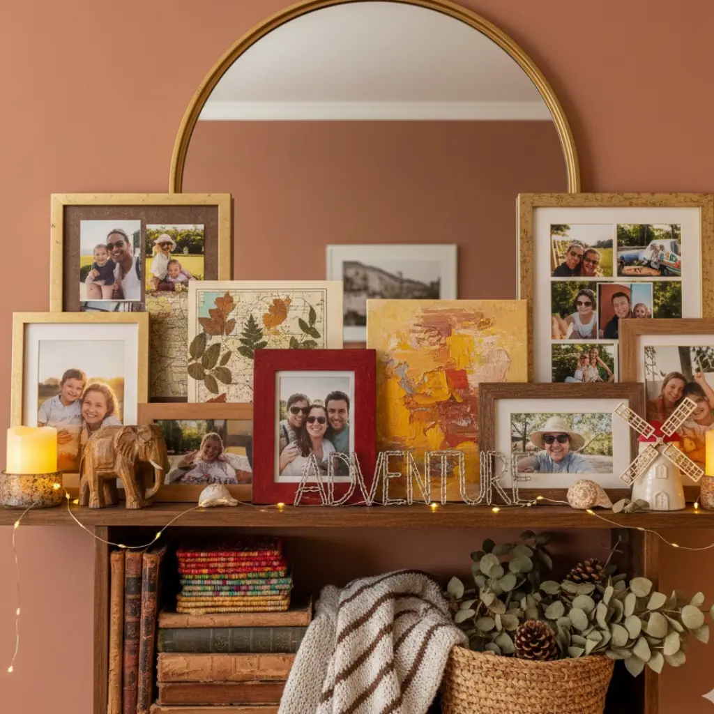 Mantel decorating ideas with personal touches including photos, souvenirs, and DIY elements for a unique style.