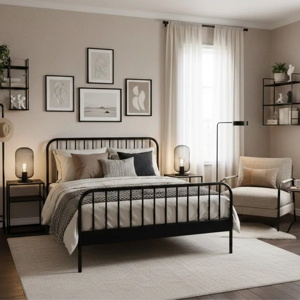 Matching metal accents in cozy bedroom decor