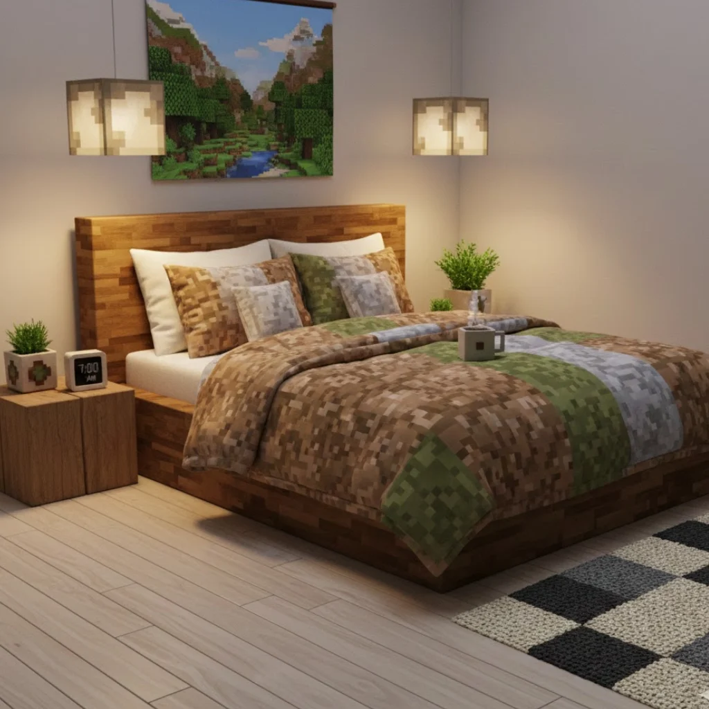 Minecraft home decor bedroom featuring a block-style bed and cozy pixel inspired design