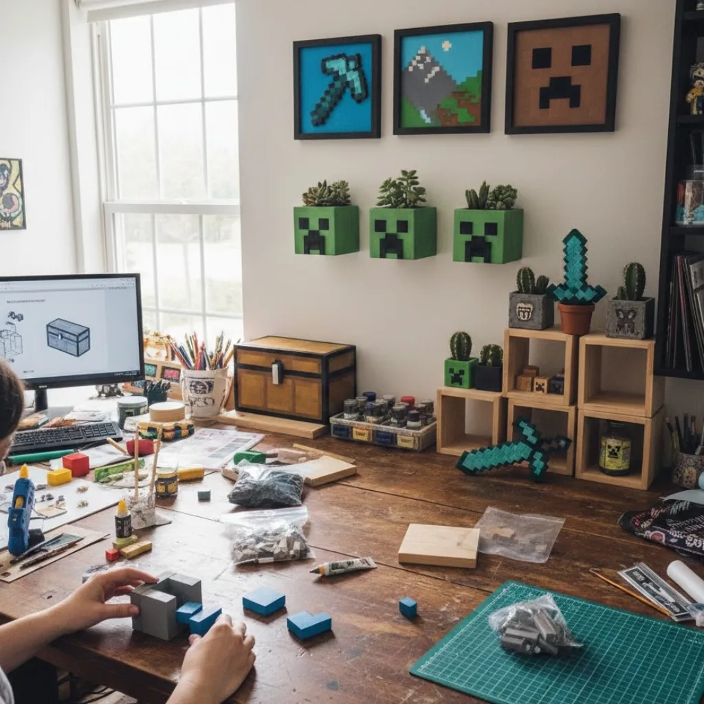 Minecraft home decor diy projects including pixel art and handmade block decorations
