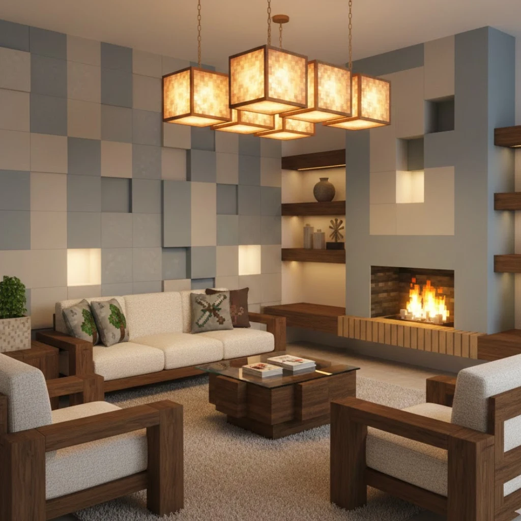 Minecraft home decor ideas in real life featuring pixel inspired walls, block furniture, and aesthetic modern interior design