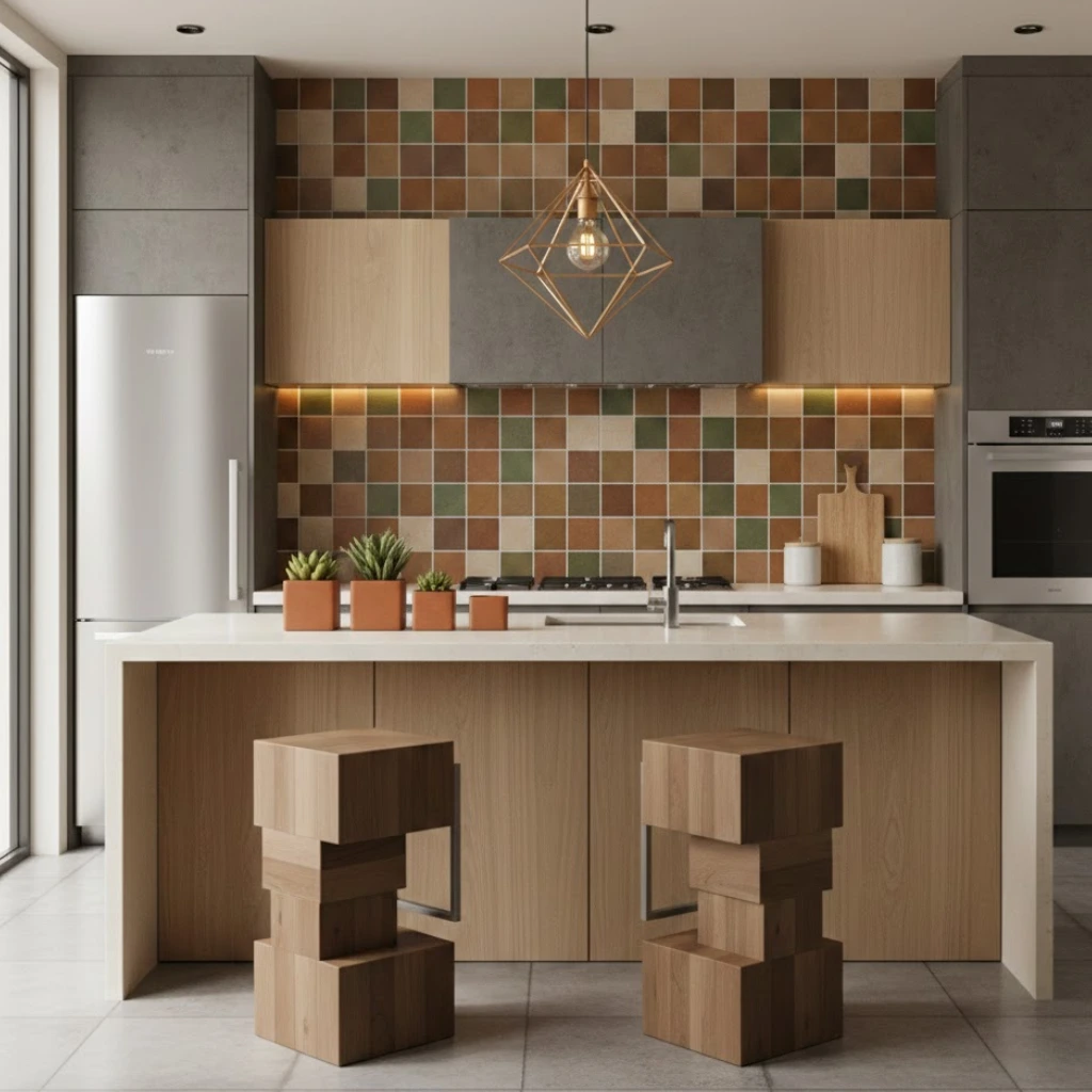 Minecraft home decor kitchen featuring pixel style tiles and block inspired furniture