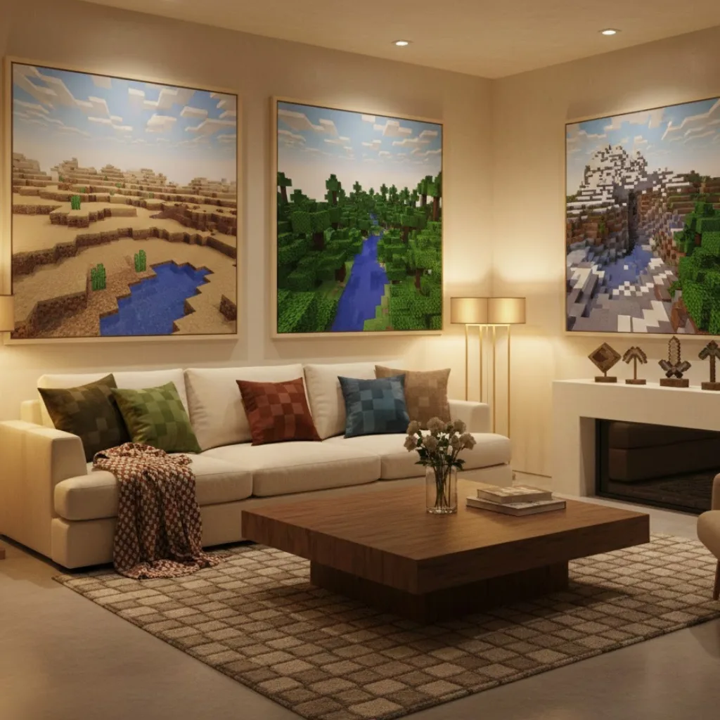 Minecraft home decor living room with subtle pixel elements and modern design aesthetic