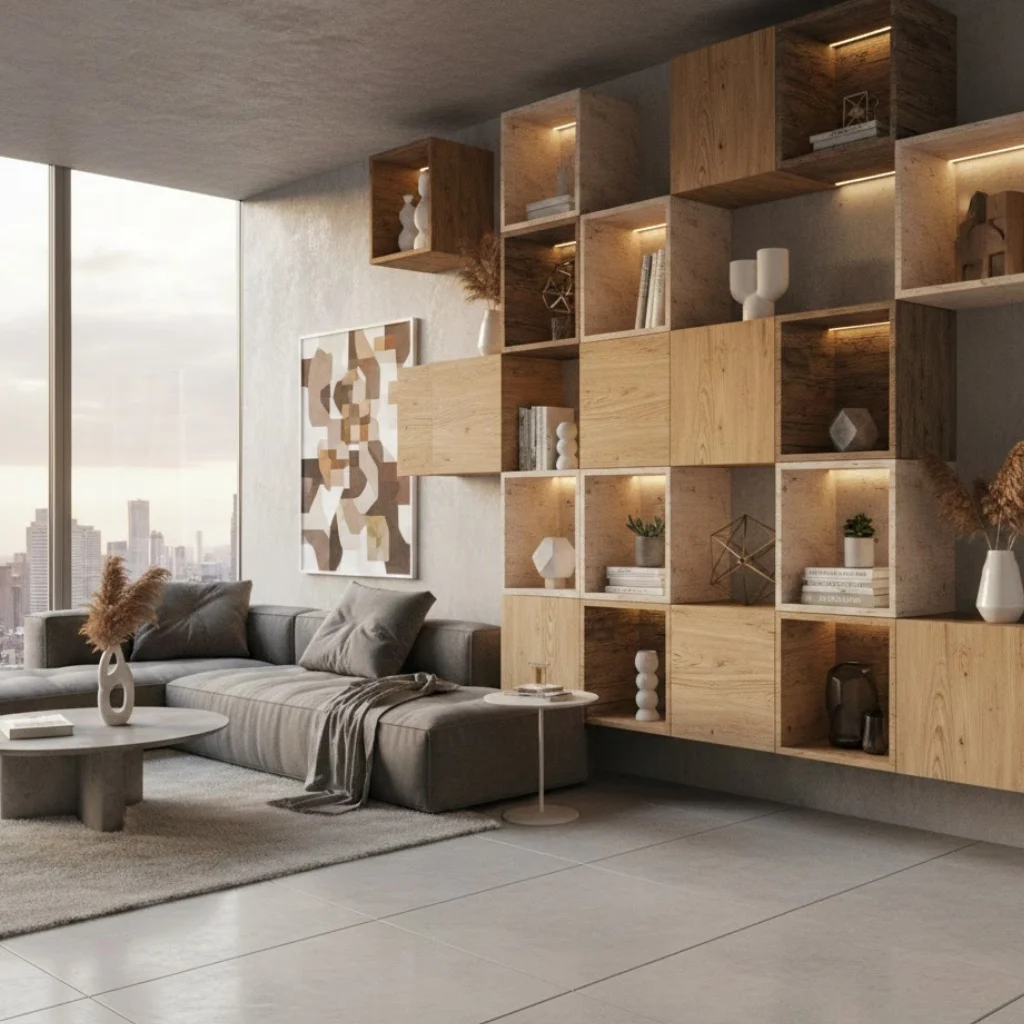 Minecraft home decoration ideas using block inspired shelving units for stylish storage