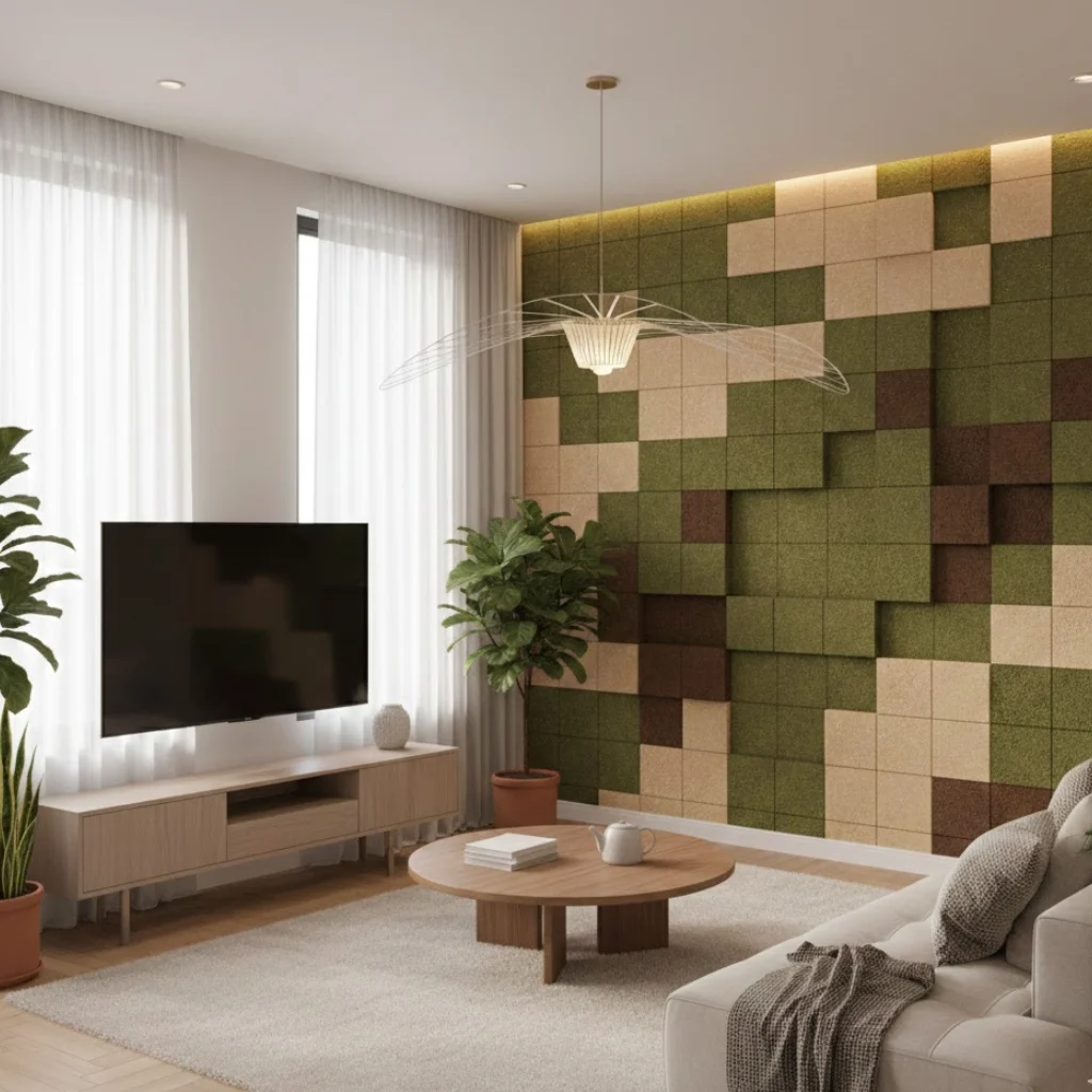 Minecraft inspired pixel accent wall in a modern living room showcasing creative minecraft home decor ideas in real life