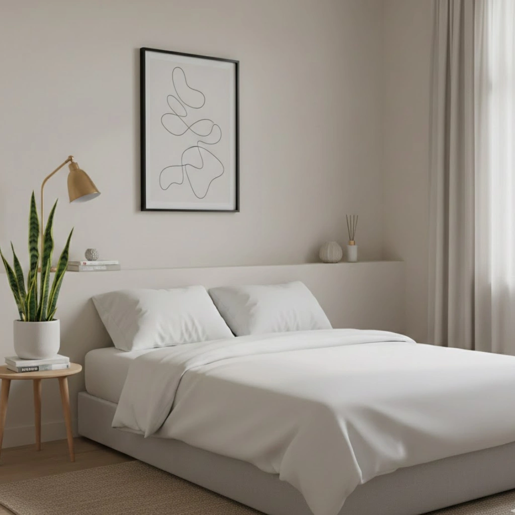 Minimal chic small bedroom design with curated decor pieces.
