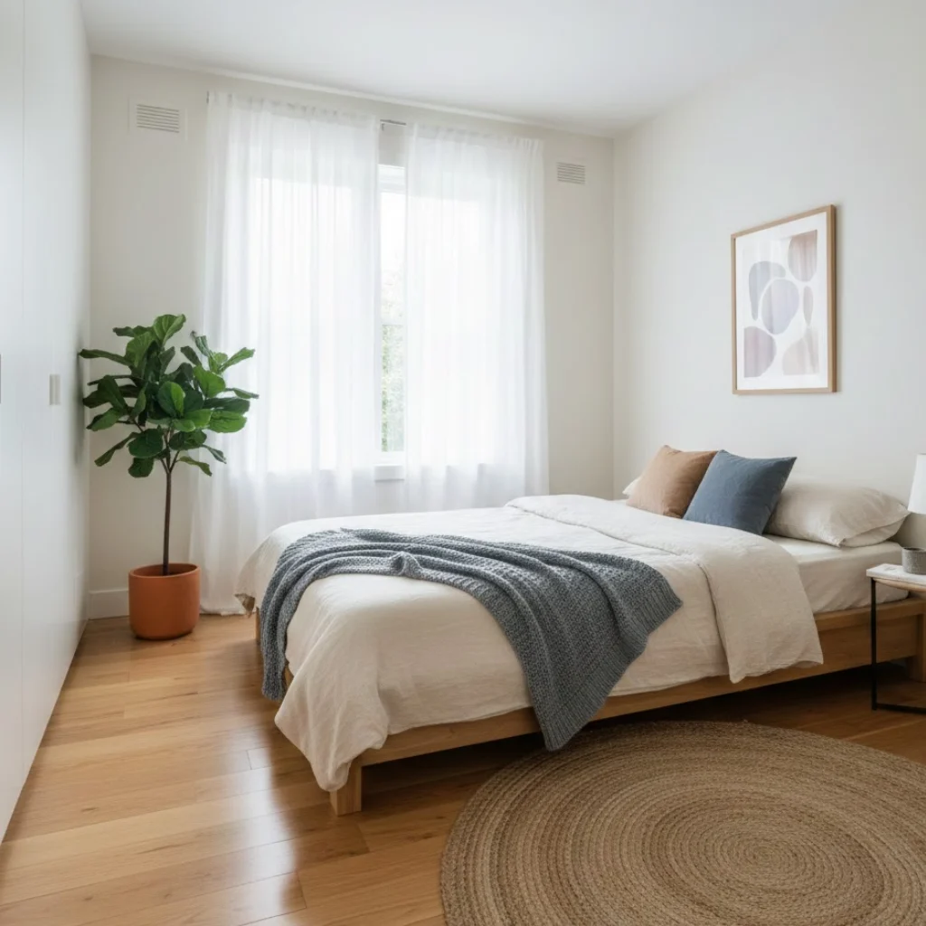 Minimal furniture creating space in a cozy bedroom
